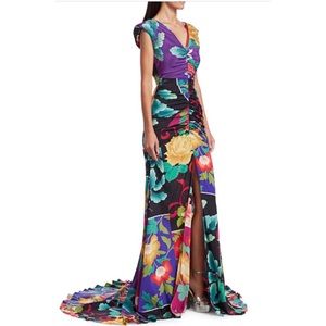 ETRO JAPANESE FLORAL RUCHED SILK GOWN
